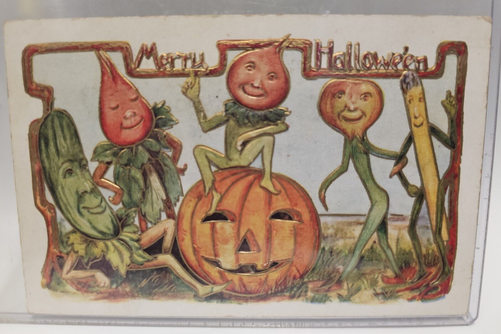 Vintage Merry Halloween Postcard Anthropomorphic Pumpkin Vegetables Embossed WOW