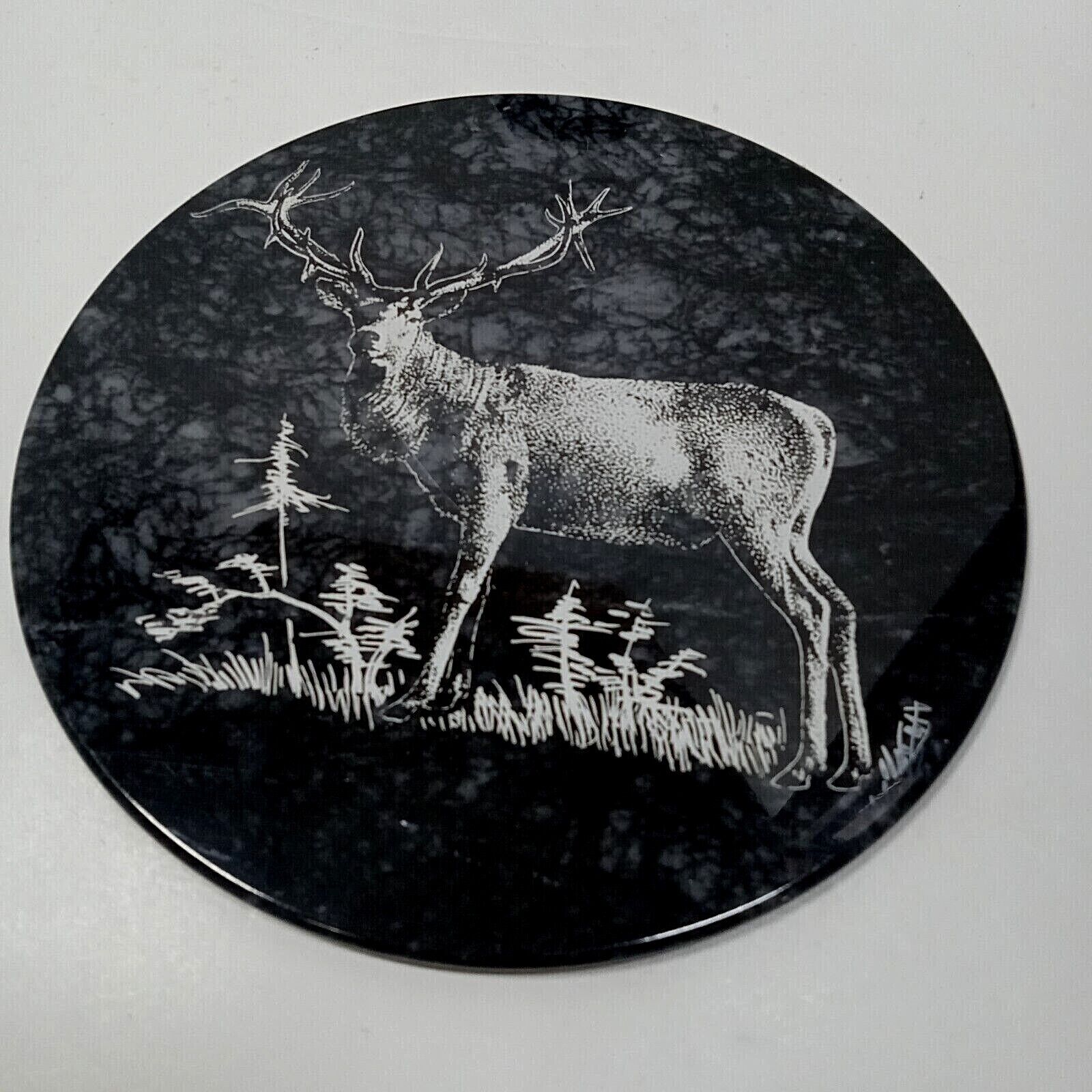 Black Round Marble Hot Plate Trivet Etched Stag Deer