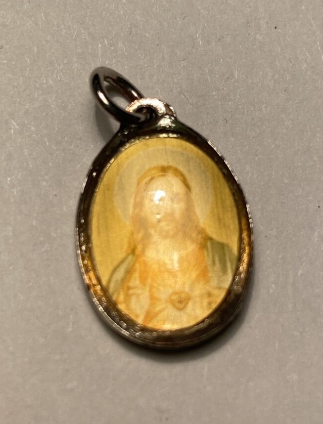 Vintage Catholic Curved Glass Jesus Mary Small Religious Medal French