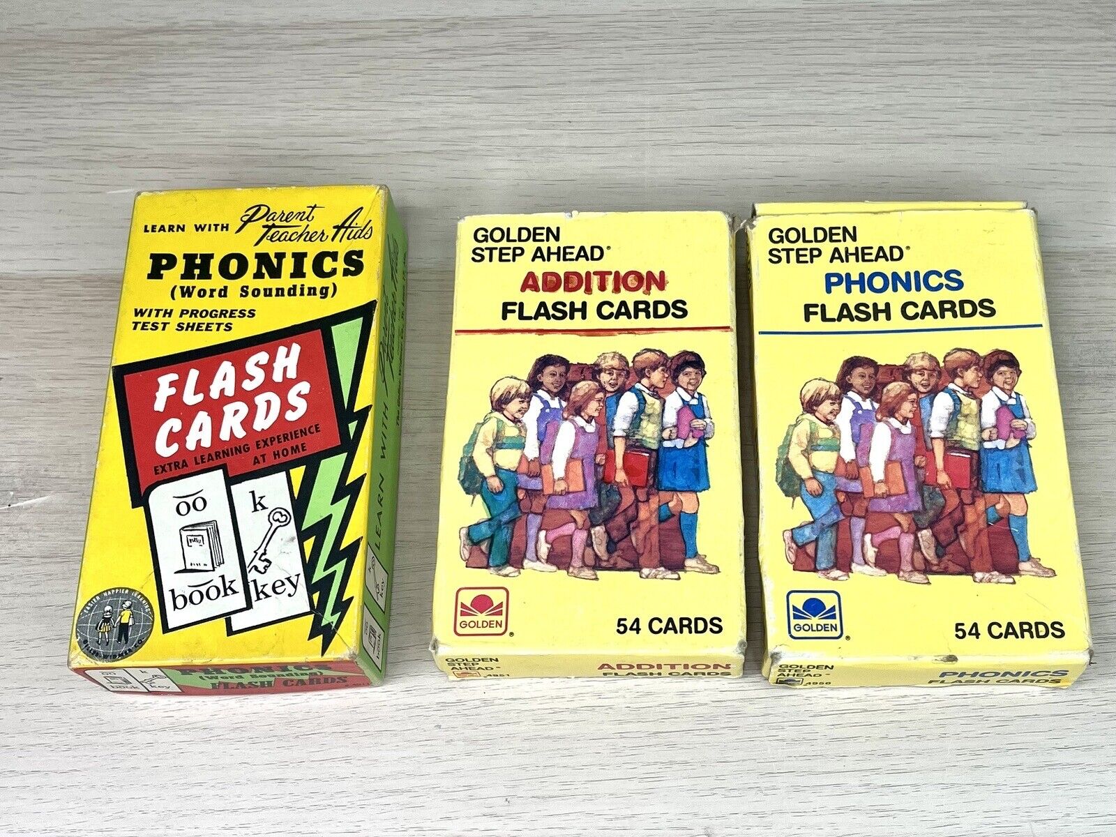 Vintage 1984 Addition & Phonics Flash Cards Golden Step Ahead  3 Packs