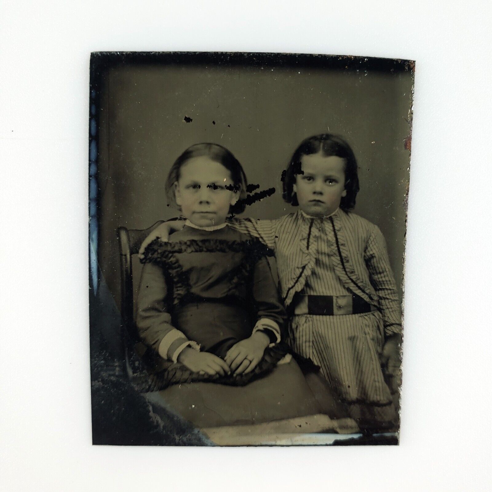 Arm Around Sister Friend Tintype c1870 Antique 1/16 Plate Girl Child Photo H785