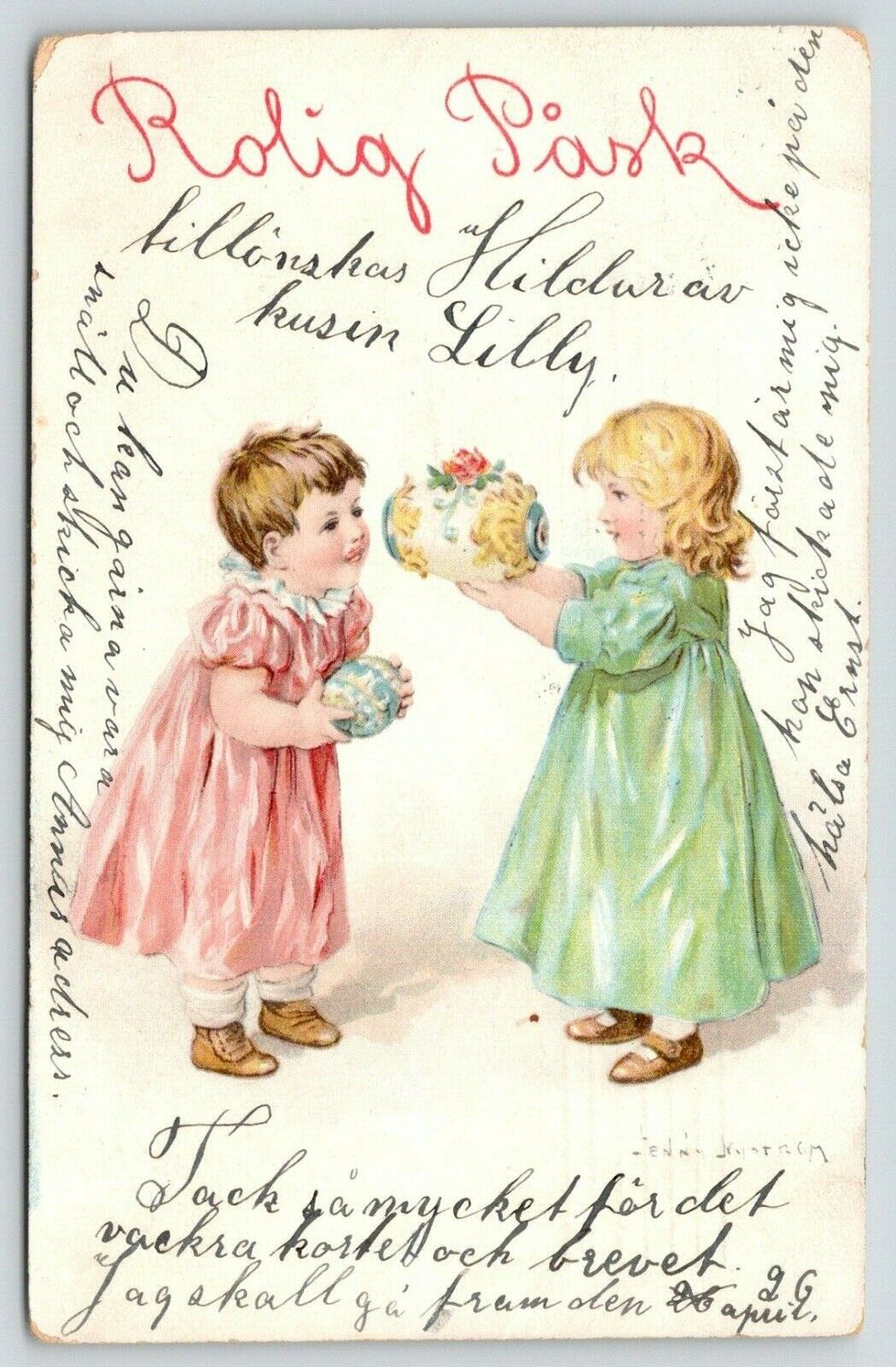 Jenny Nystrom Easter~Little Girls Hold Fancy Decorated Panorama Eggs~1908 PC