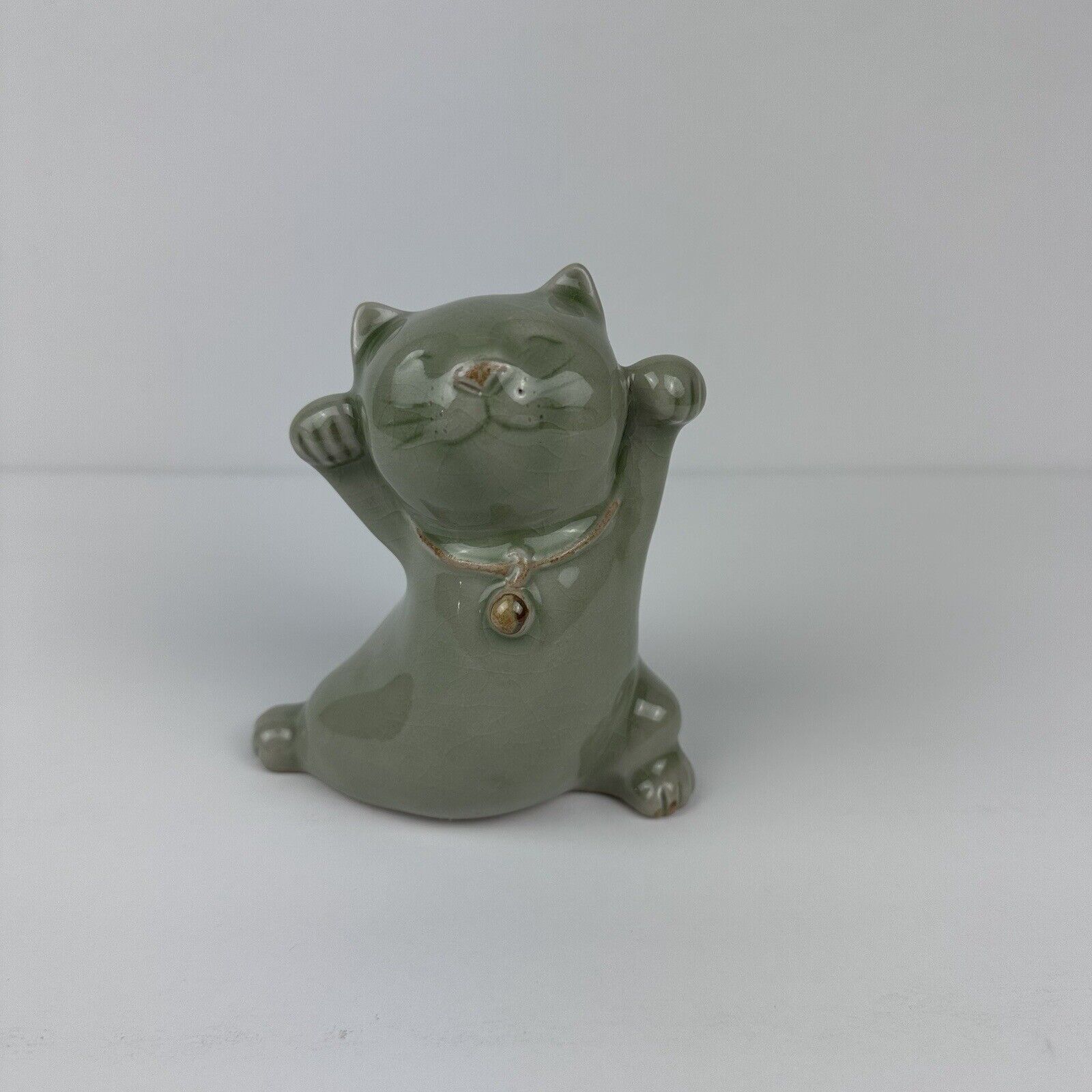 Buddha Cat Celadon Crackle Zen Cat Figurine 4 1/4”H - Thailand