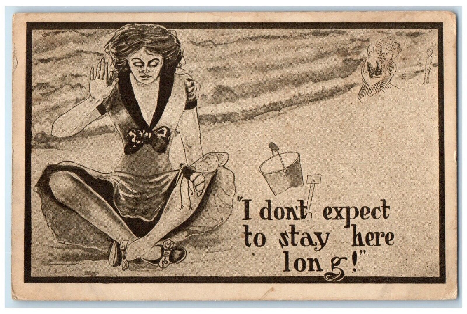 1911 Woman Scene Beach I Don\'t Expect To Stay Here Long Davenport Iowa Postcard