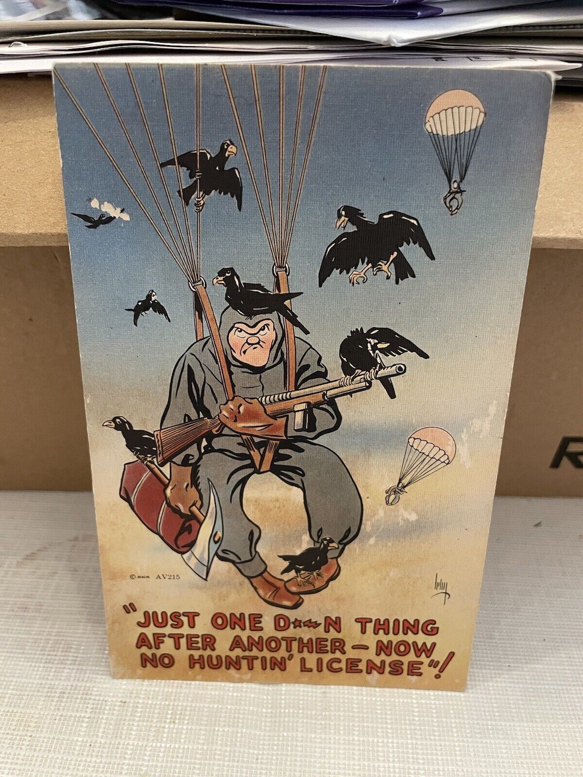 Vtg Postcard Linen Cartoon Just One D—-M Thing Paratrooper Unused