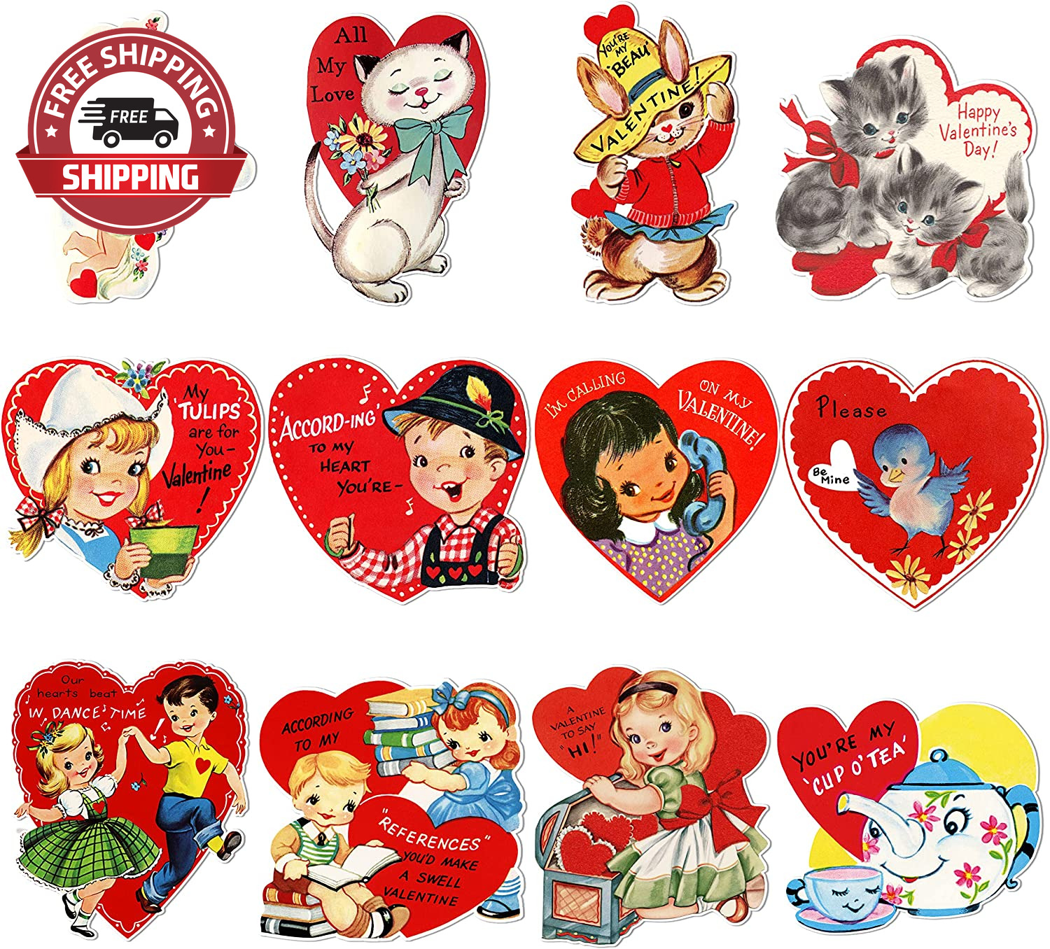 12PCS Vintage Valentines Day Cutouts, Retro Valentine Cut-Outs Cardboard, Large 