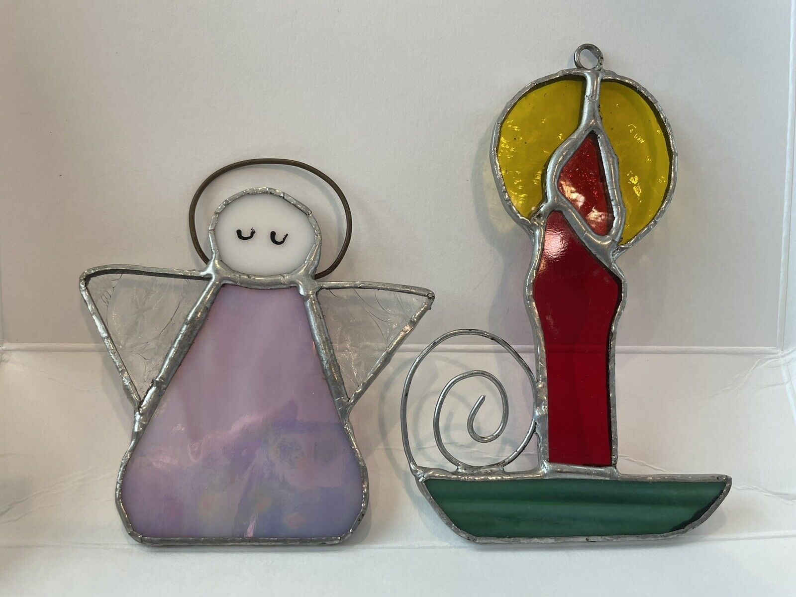 2 Vtg Handmade Stained Glass Suncatcher Christmas Ornaments Candle Angel