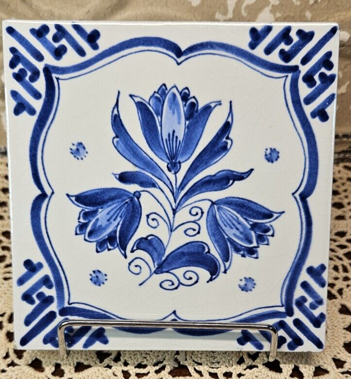 Delft Blue Dutch Flower Tile Three Tulip Hand Painted Signed & Numbered (read)
