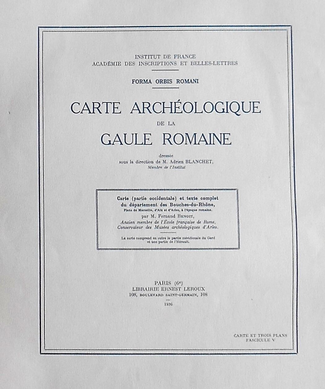 Carte ARCHÉOLOGIQUE SUD à l\'Époque ROMAINE Arles Marseille Aix par BLANCHET 1936