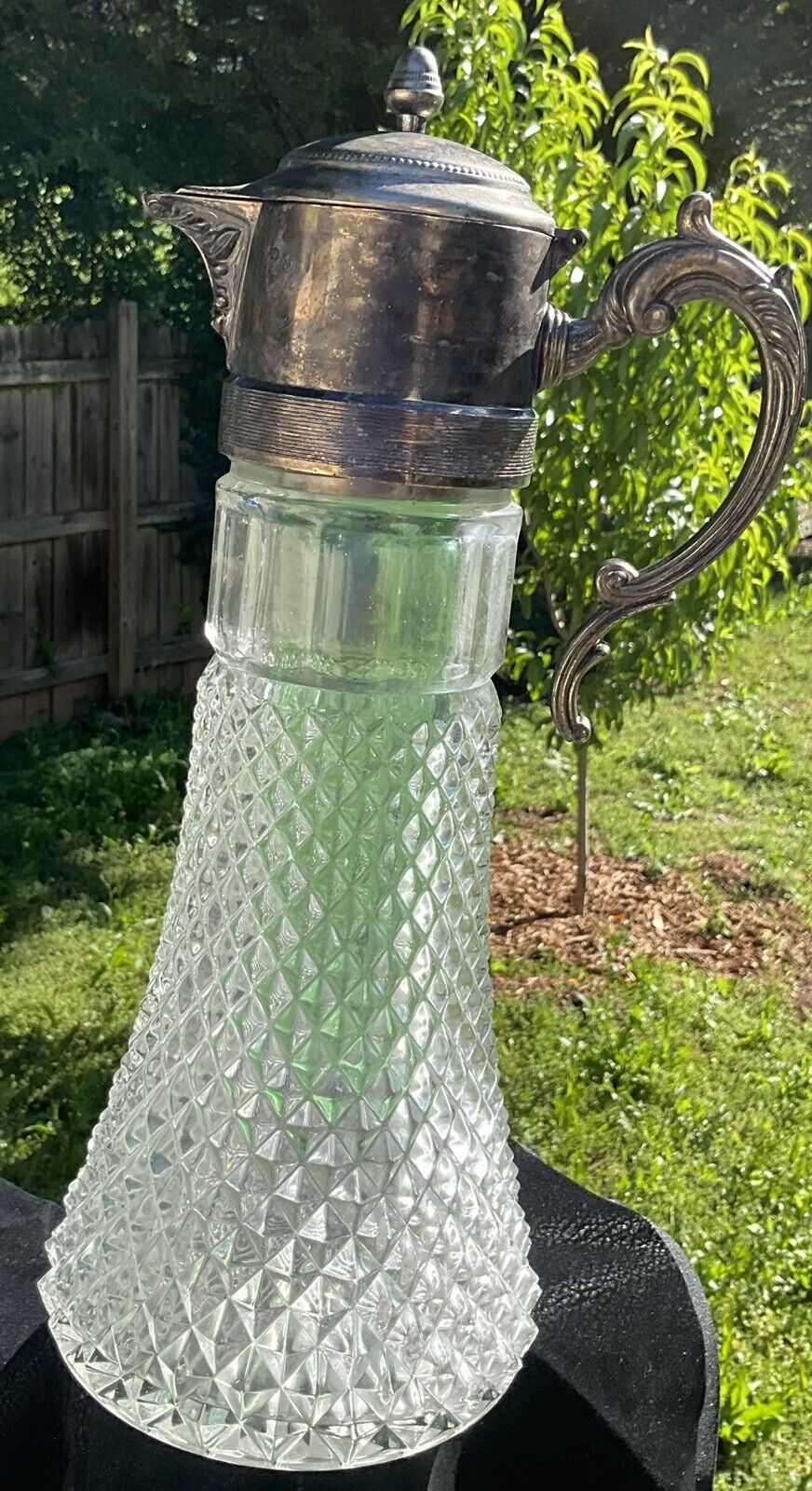 Large Vintage Diamond Point Cut Glass Italian Water/Wine Carafe