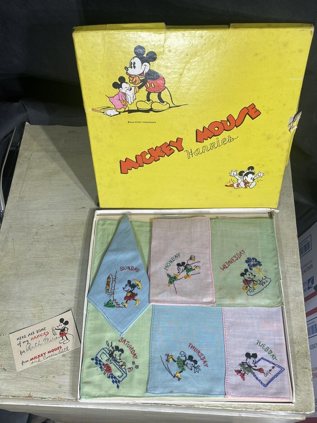 Vintage 1930’s Mickey Mouse Box of Hankies Walt Disney Lot Of 6 Days Of Week