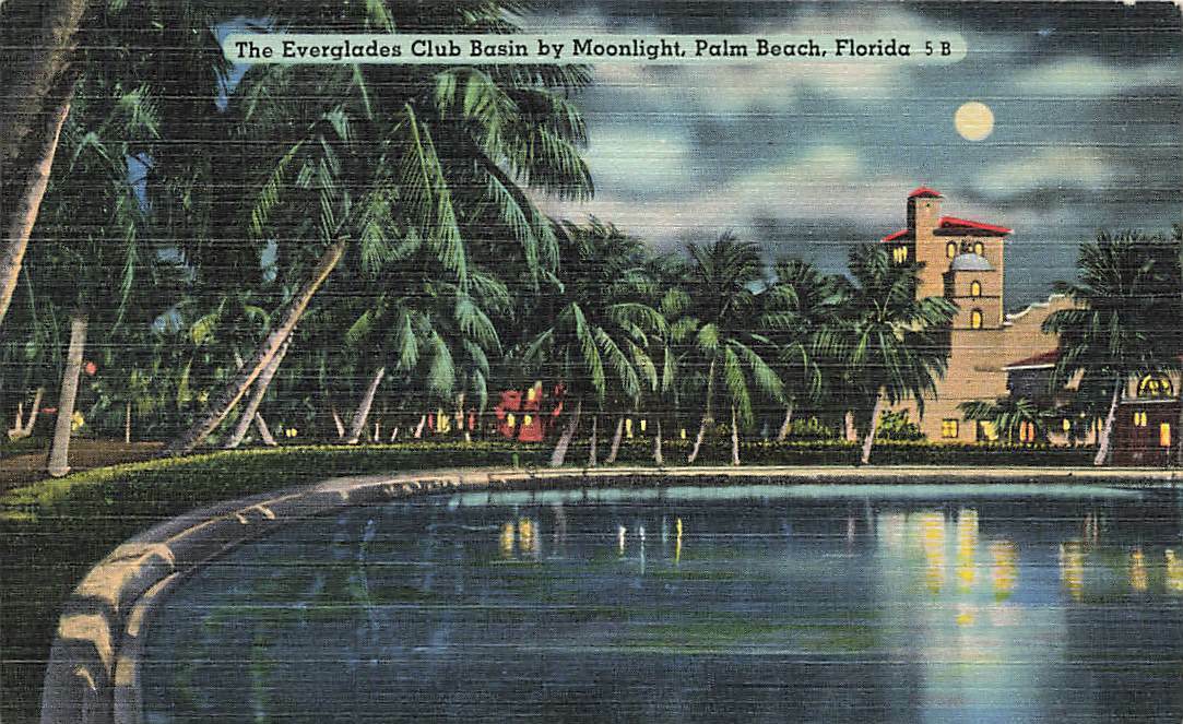 c1940s Everglades Club Basin Night Scene Linen Palm Beach Florida FL P363