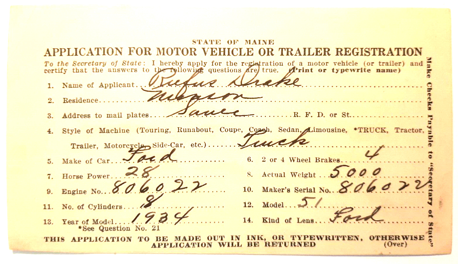 1936 Application for Motor Vehicle or Trailer Registration State of Maine