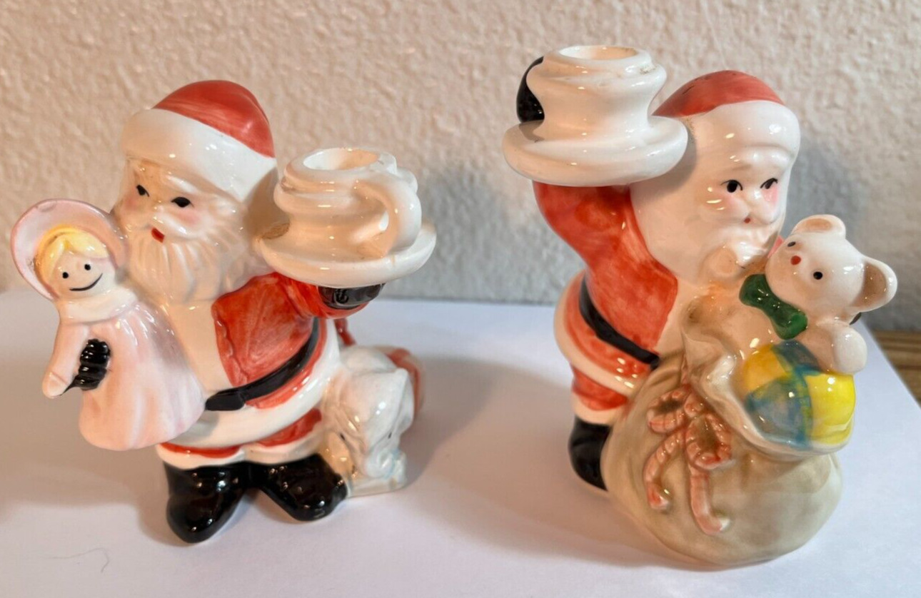 Vintage Pair of Fitz and Floyd Santa Toy bag 2 Christmas Candle holders