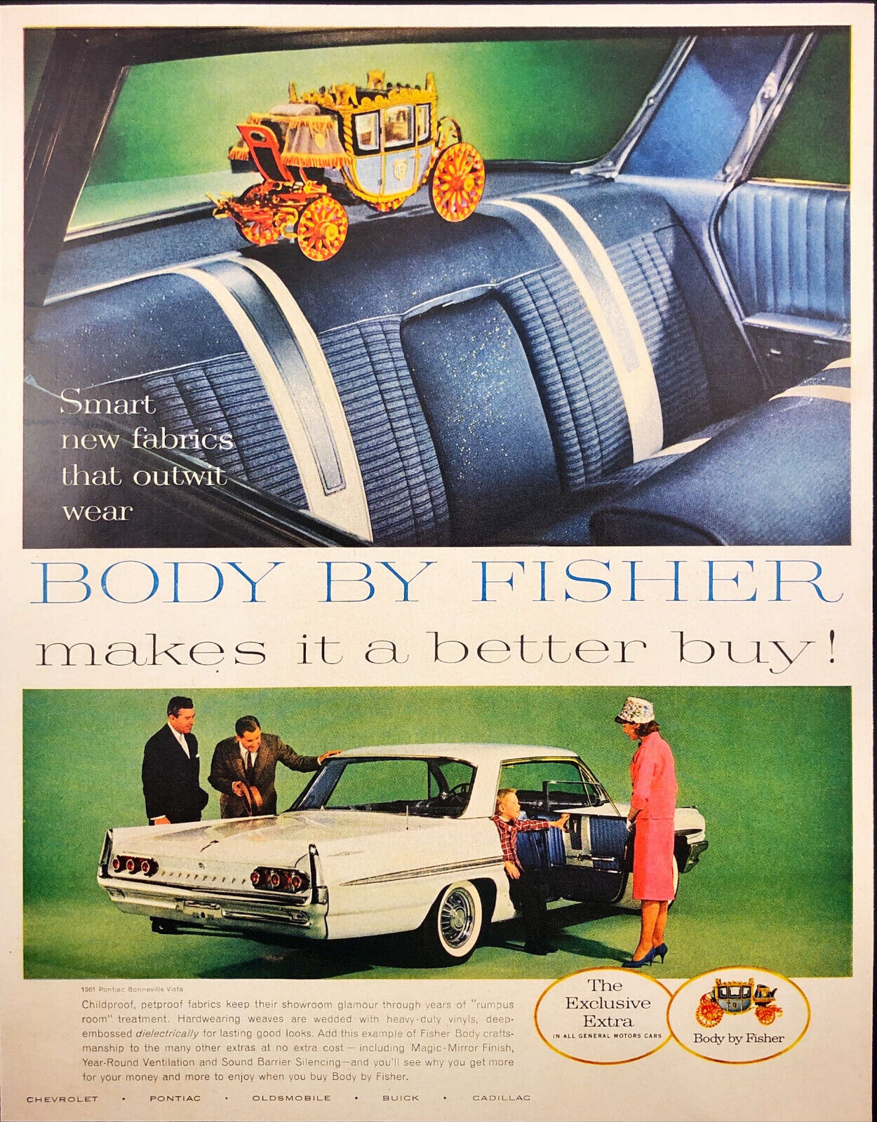 1961 Body By Fisher Print Ad General Motors Cars Family Looking at Car