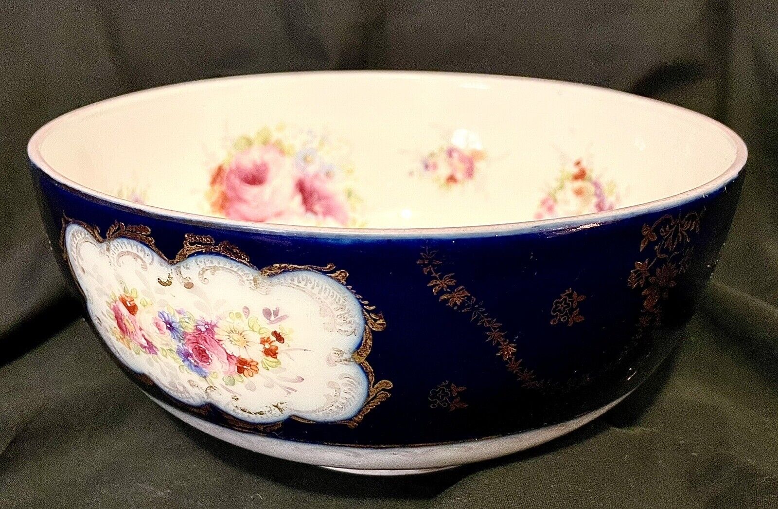 Sèvres Bowl LARGE Gorgeous Deep Cobalt Blue, Pink Floral 7.5”
