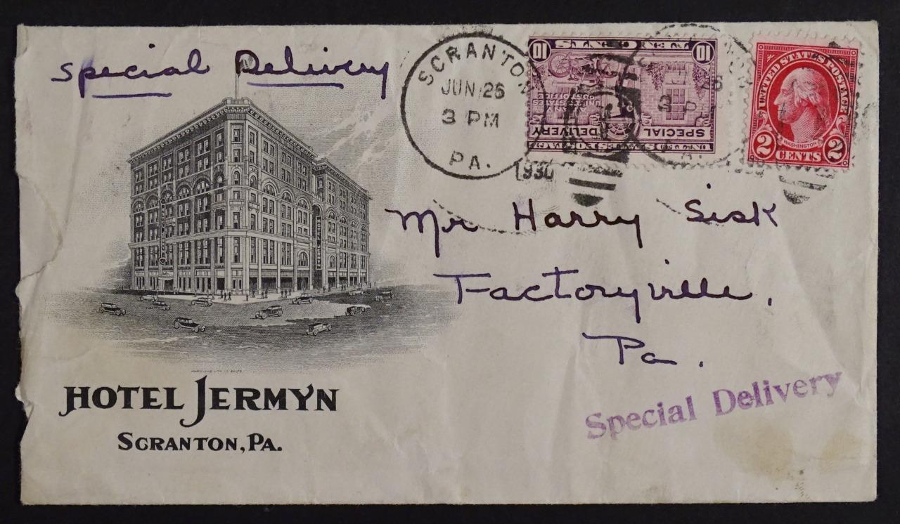 Hotel Jermyn Scranton PA Special Delivery Postage Envelope & Letterhead Bk1-1