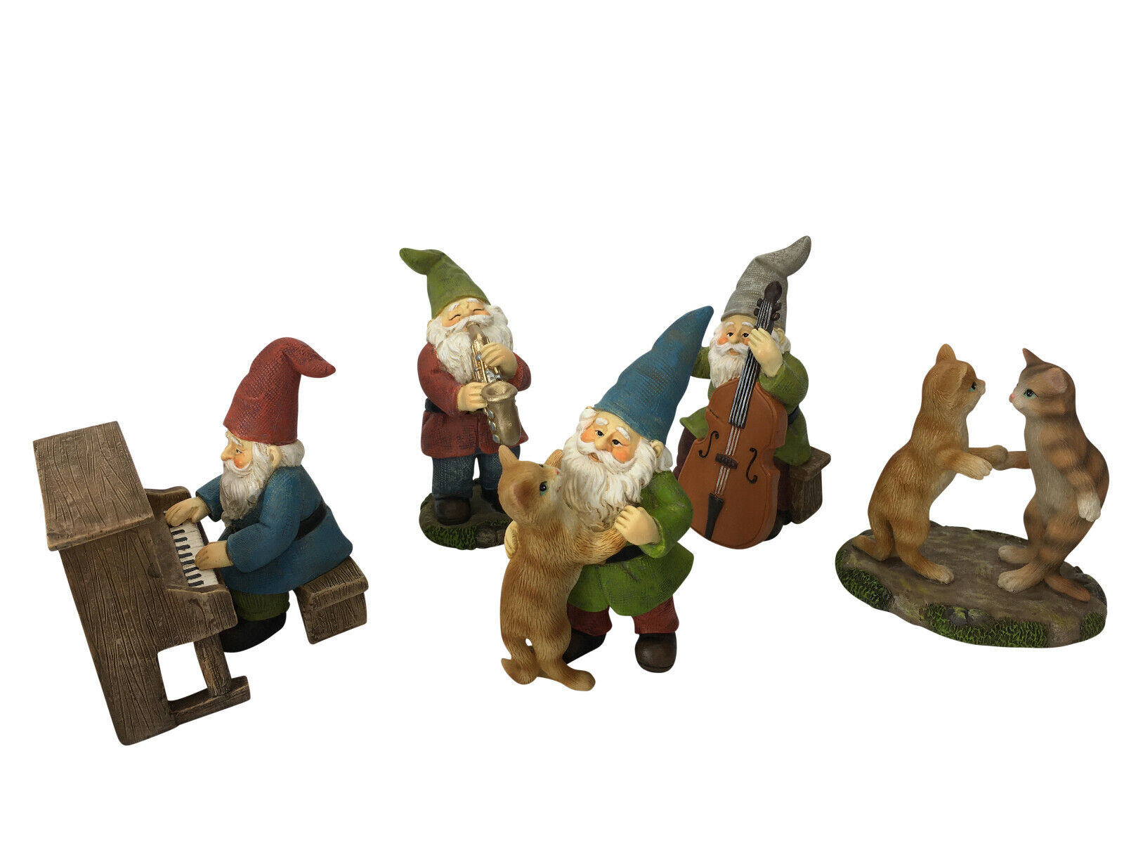 Happy Miniature Gnomes and Cats Dancing Celebration - A Fairy Garden Gnome Set
