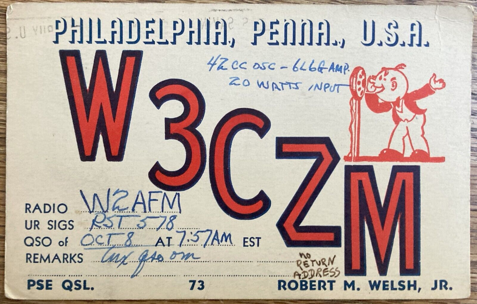 QSL Card - 1937 - Philadelphia Pennsylvania USA - W3CZM - Robert M. Welsh  Stamp