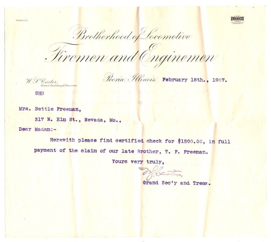 Railroad Train Document - 1907 Claim Settlement Letter, Brotherhood of LF&E