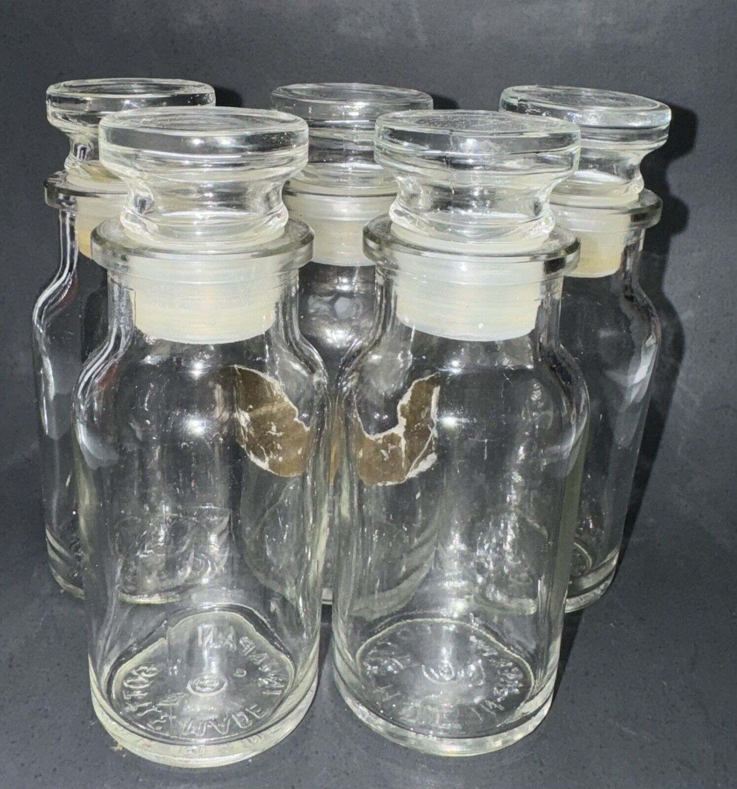 5 Vtg Apothecary / Spice Glass Jars W Glass Plastic Stoppers Made In Japan