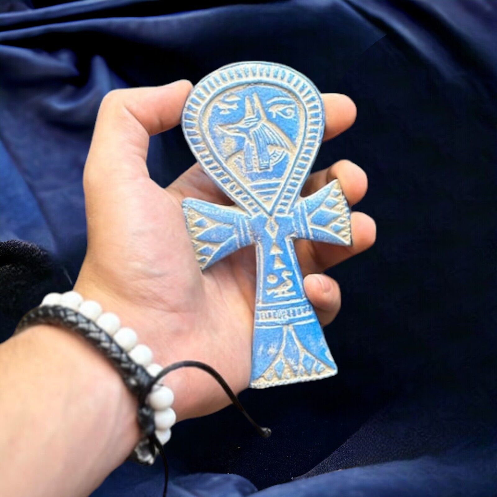Exquisite Egyptian Blue Ankh Key of Life Statue | Pharaoh's Symbol of Eternal-BC