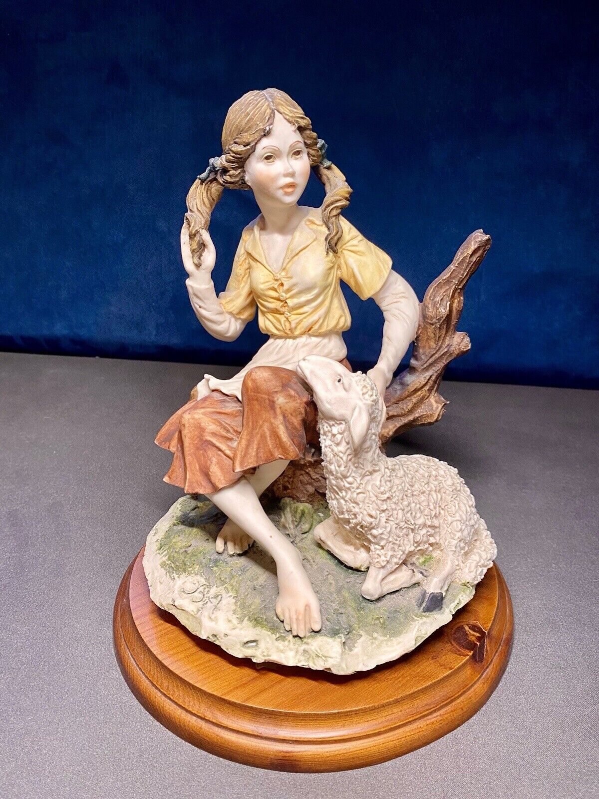 Rare Hand Painted Sculpture - Young Girl With Lamb Hand Painted Italy