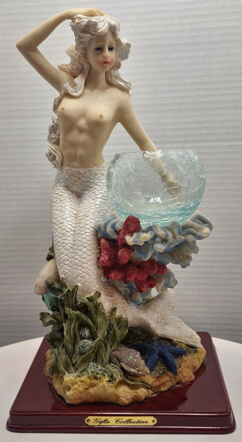Mermaid Resin Figurine with Crackle Glass Candle Holder 12 Inches