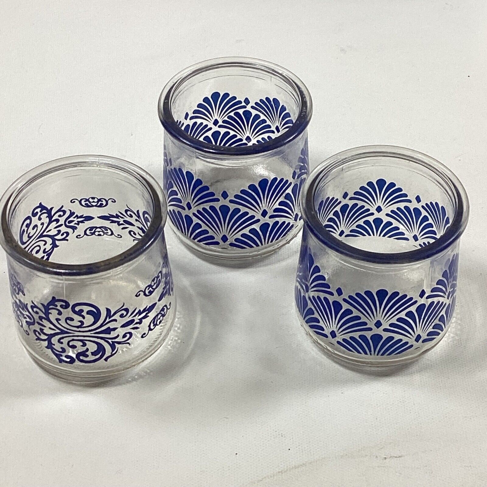 Vtg 5oz Oui Yogurt Jar Blue Fan Floral Design Pattern Rare Find Lot Of 3 Jars