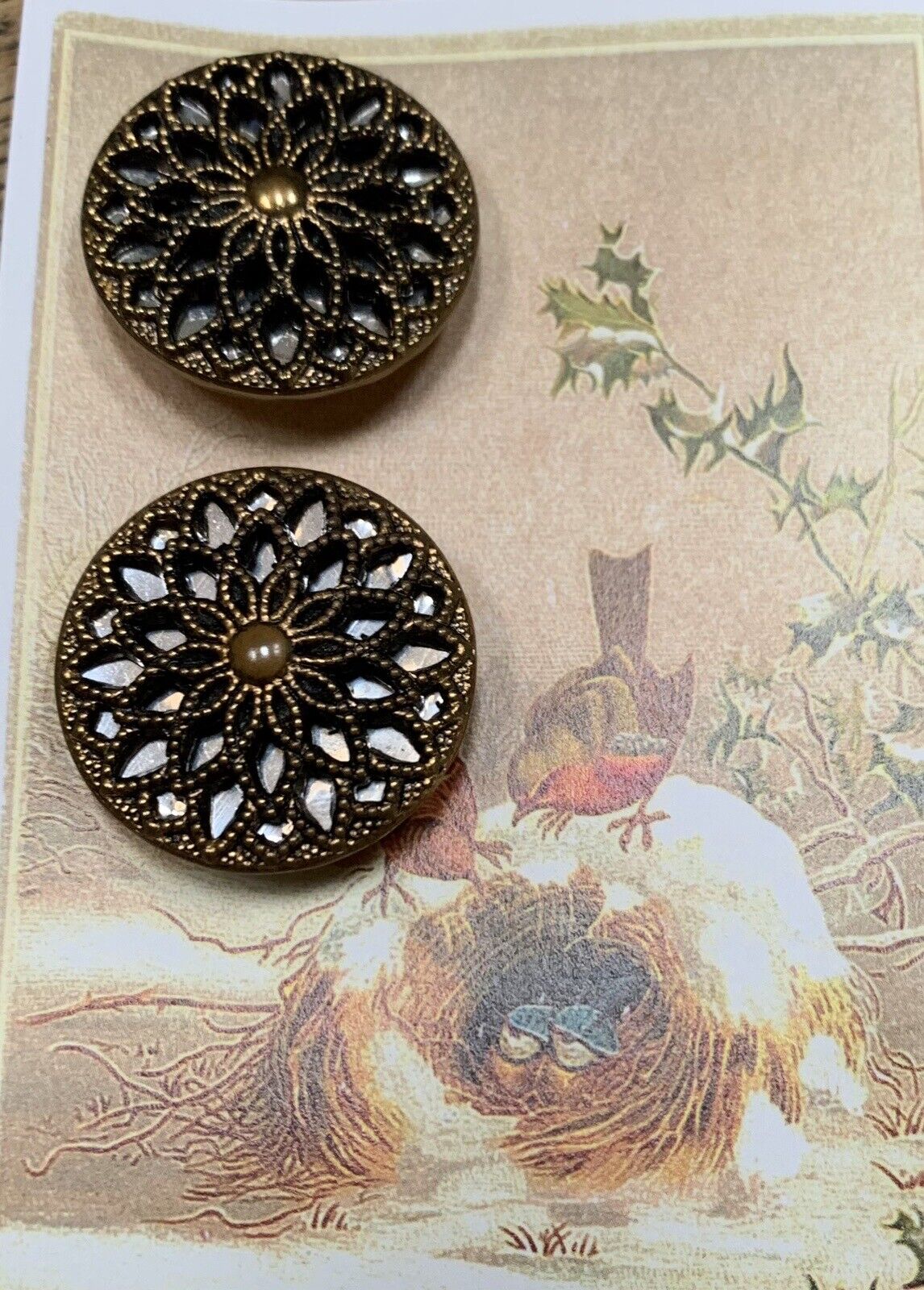 2 Vintage Exquisite Large 1  1/8” Gold Filigree  Mirror Metal Coat Buttons~NOS