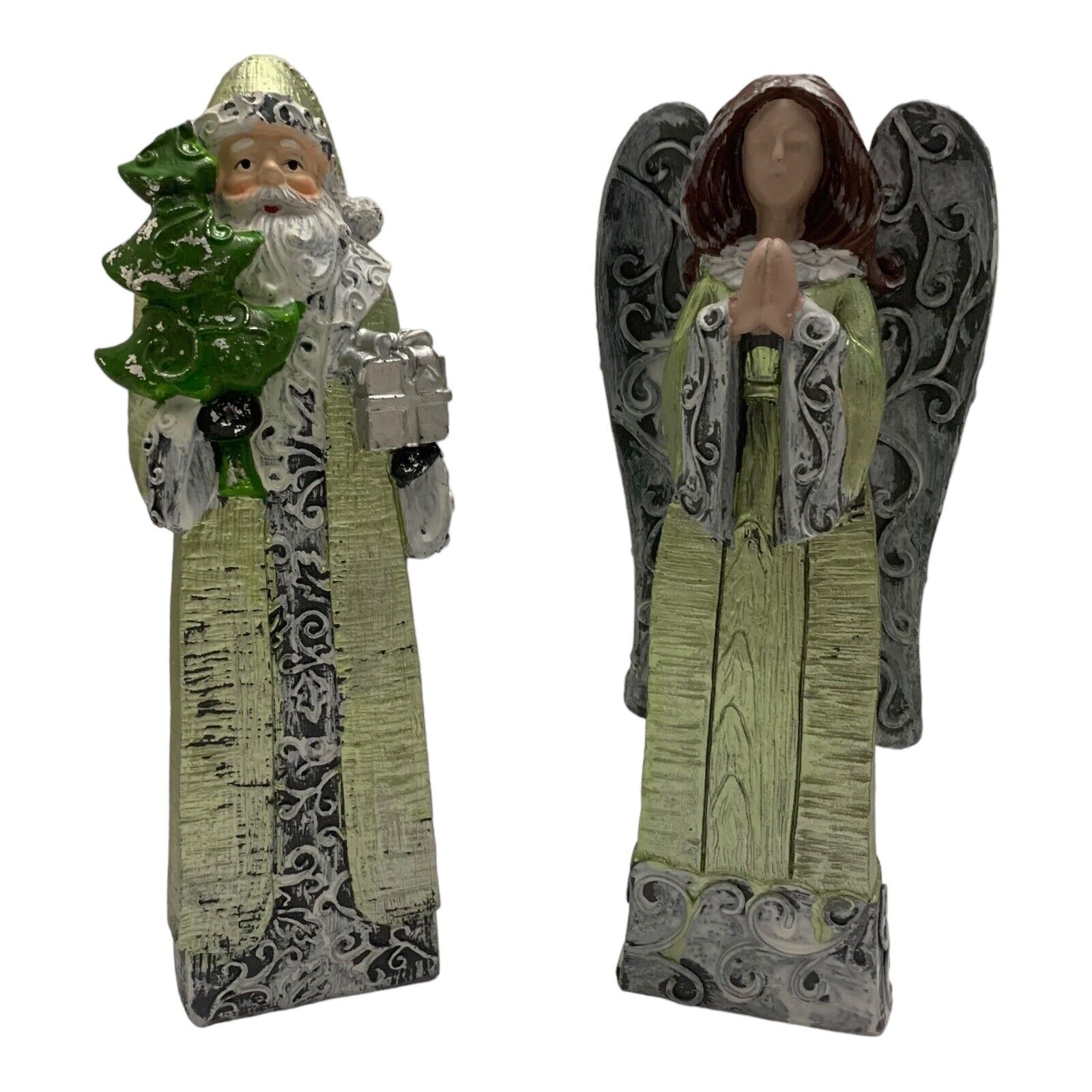 Santa And Angel 8.5” Resin Christmas Figurine Silver Green Kirkland’s ? Retired