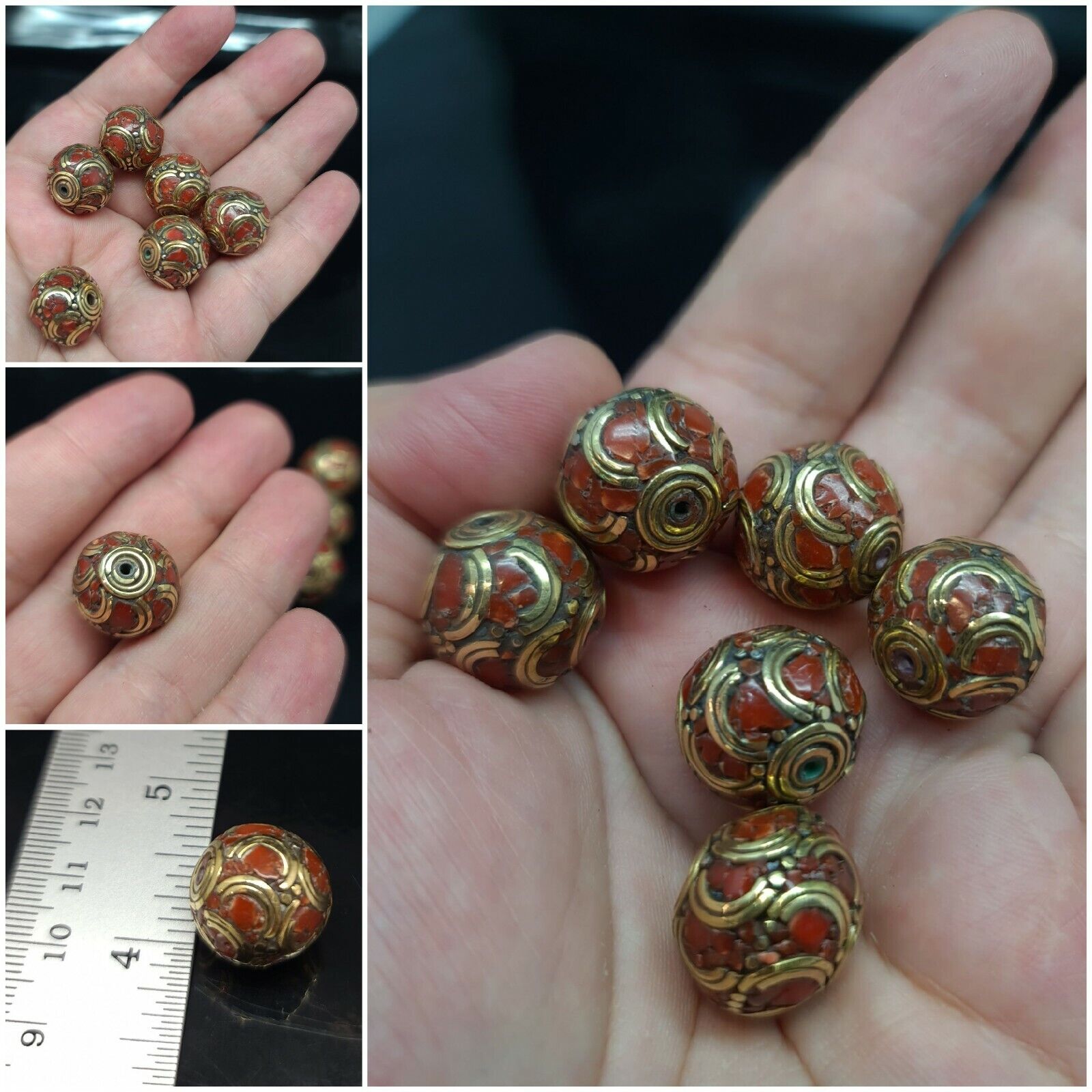 Tibetan Nepalese Artisan Handmade Brass Coral Inlay 6 Beautiful beads Tibet 