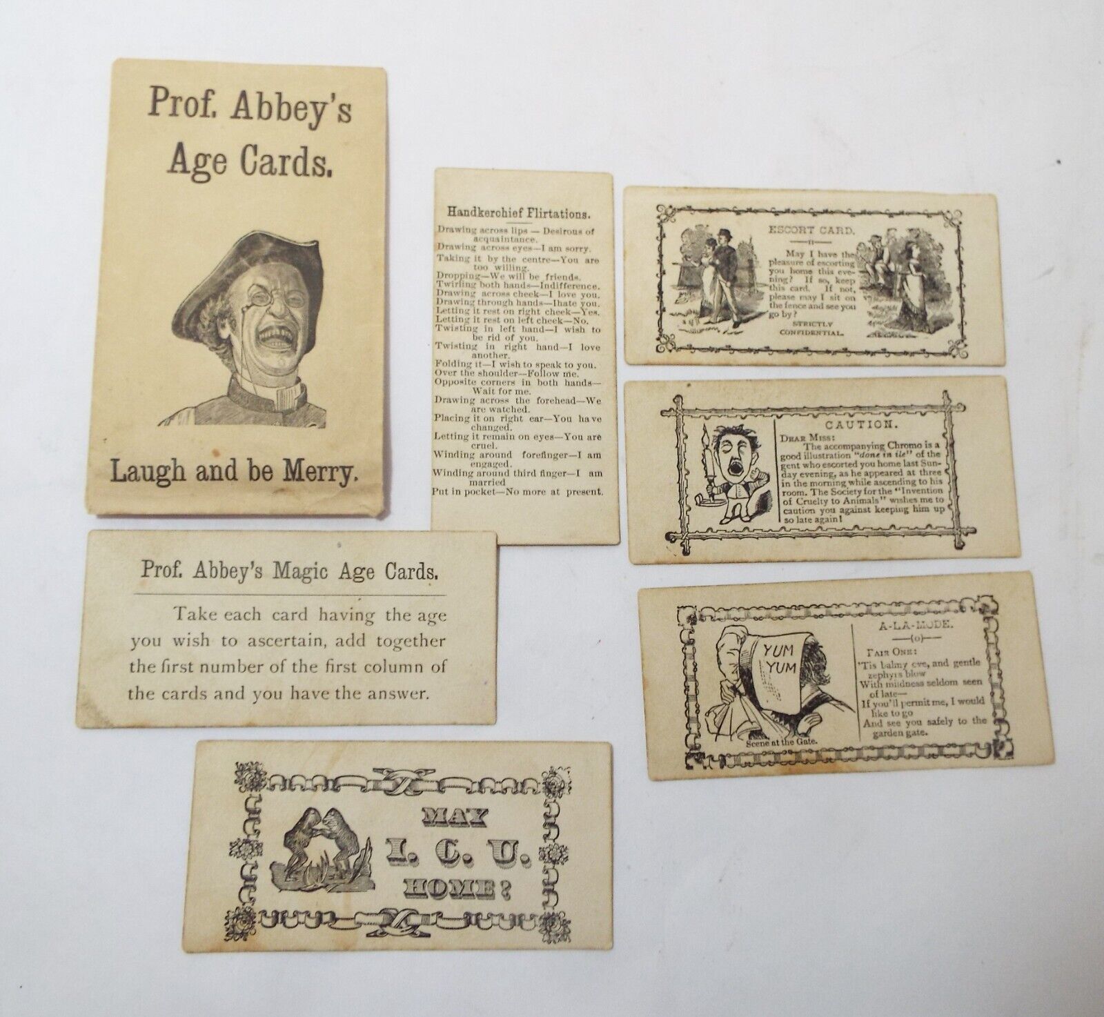 RARE Old Antique PROF. ABBEY\'S AGE CARDS w/ Envelope MAGIC AGE CARDS Humor