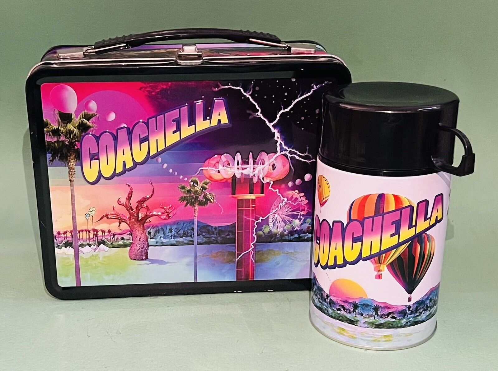 VTG Coachella Lunch Box Embossed Metal with Thermos Music Festival 
