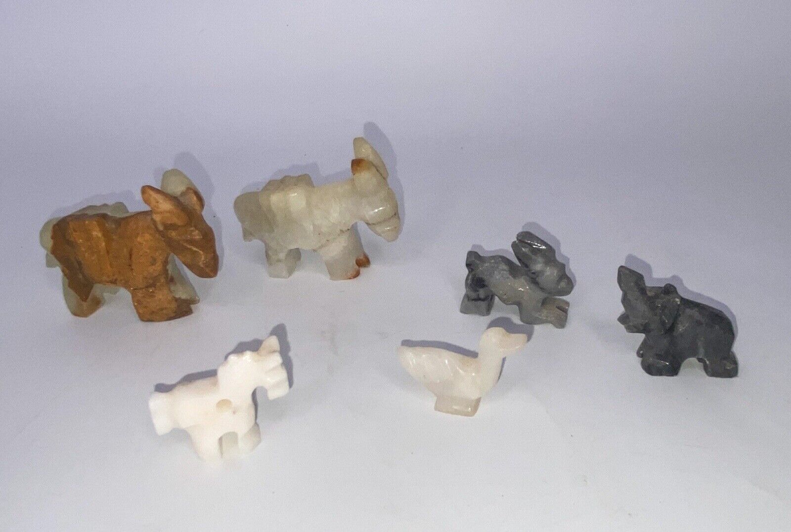 Vtg 60s Lot of 6 Hand Carved Onyx Natural Marble Stone Animals MCM Mule Duck+