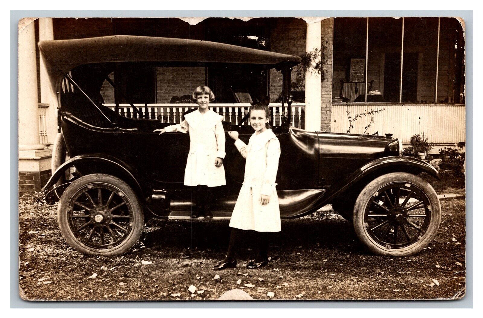 c1910 RPPC Two Young Women In Front of Car Automobile Postcard Real Photo