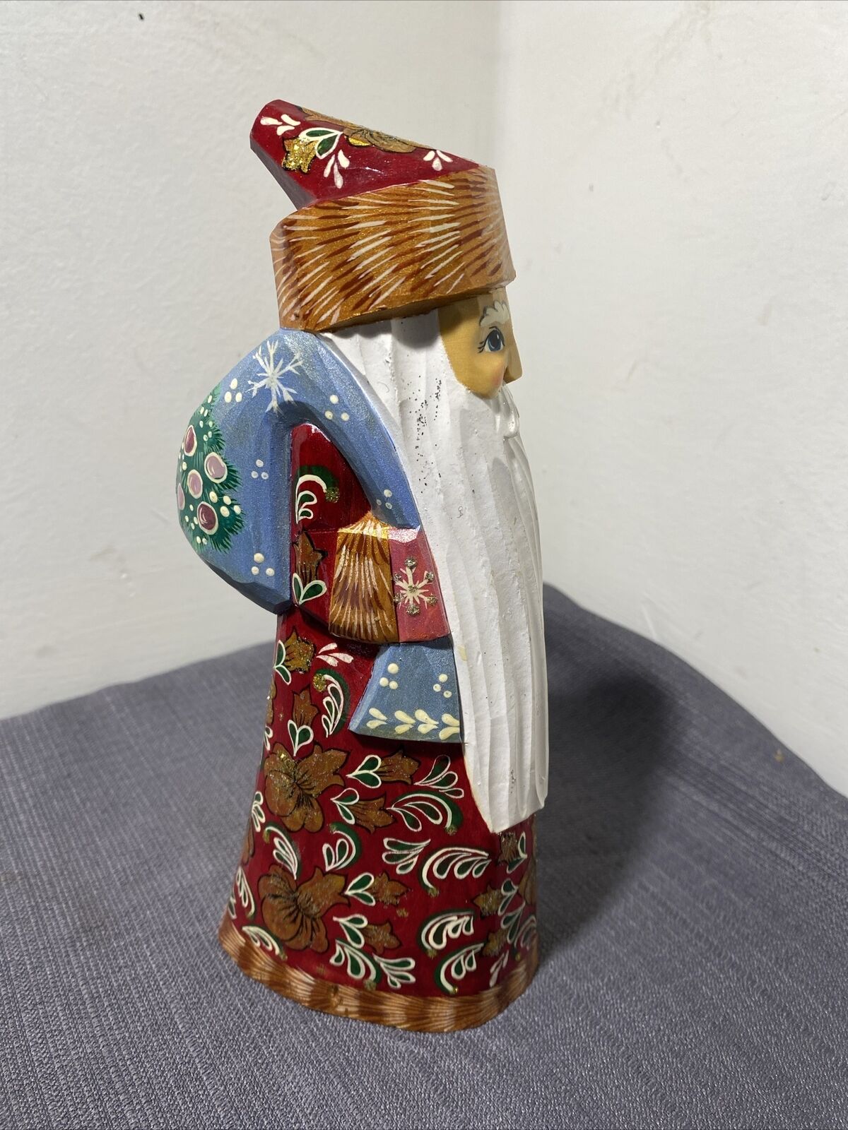 8” Tall Russian Santa Claus’s Figurine Hand Carved And Painted Signed By Artist