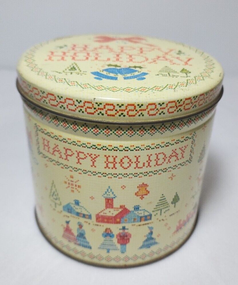Vintage Christmas Round Tin Cross Stitch HAPPY HOLIDAYS Winter Scene Great Cond
