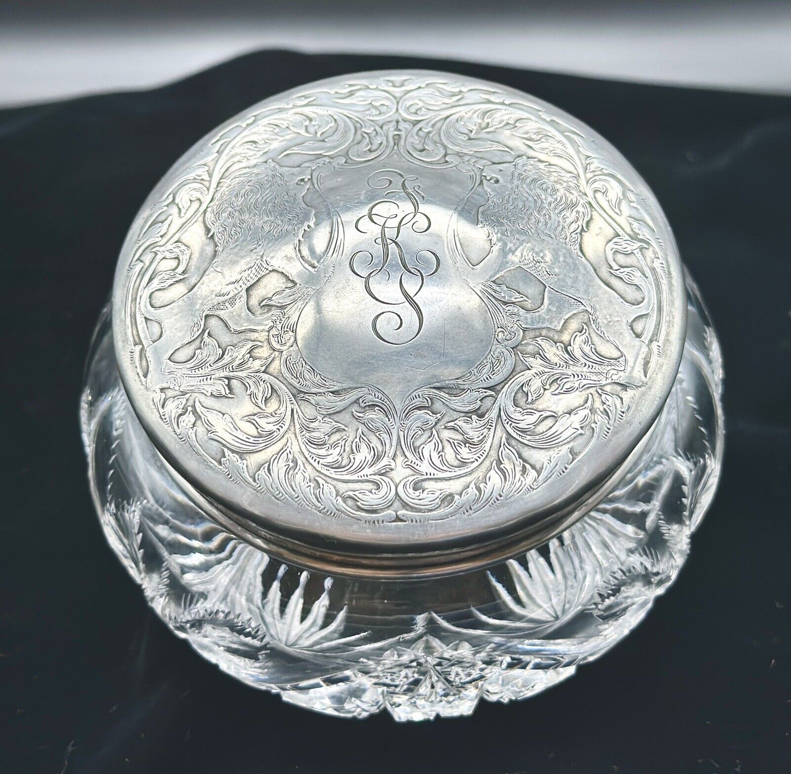 Sterling Vanity Jar R. Blackinton Art Nouveau Lion Repousse Cut Crystal 1904