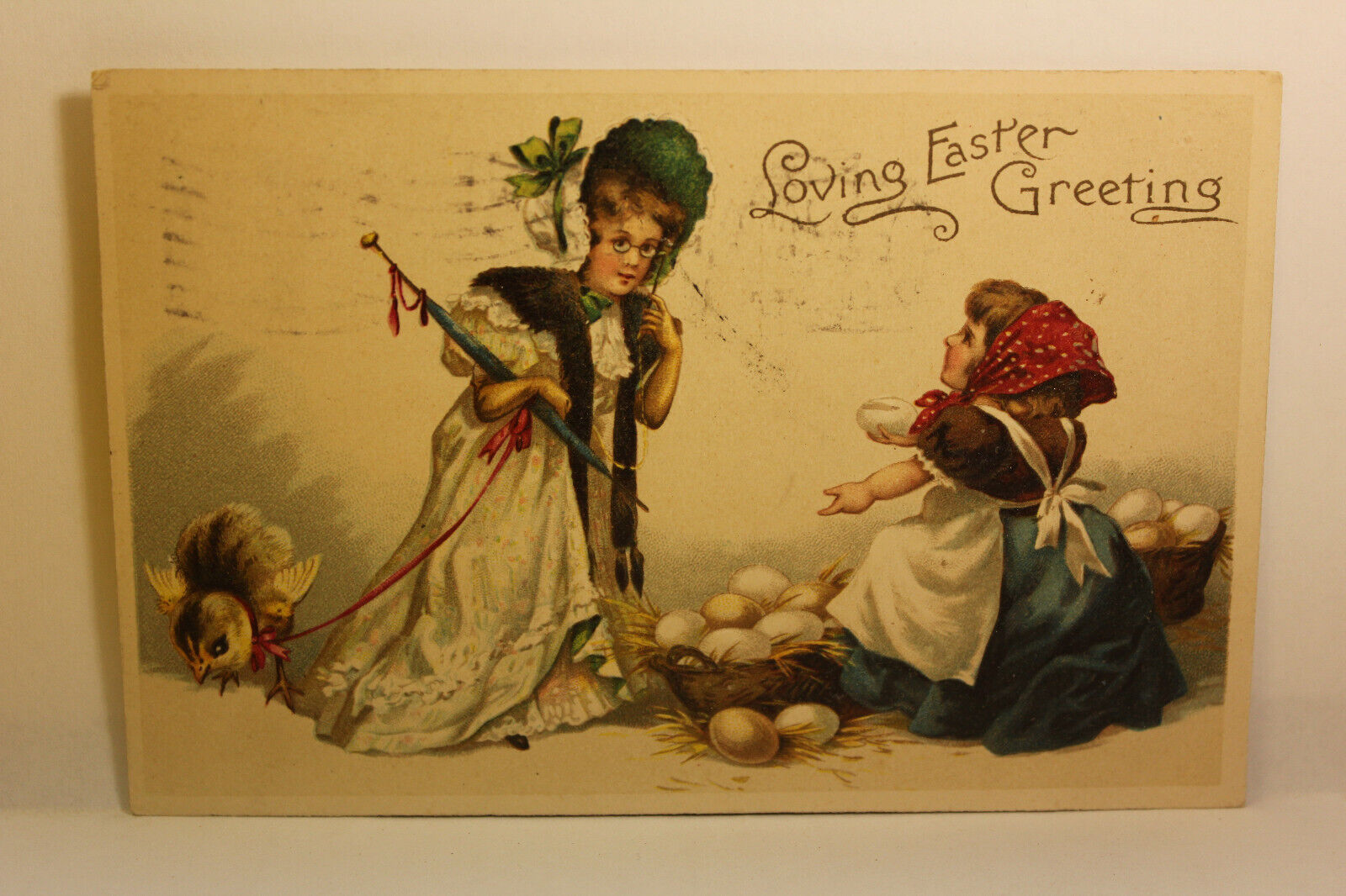 Postcard Loving Easter Greeting Girls, Chick On Leash, And Eggs Posted 1909