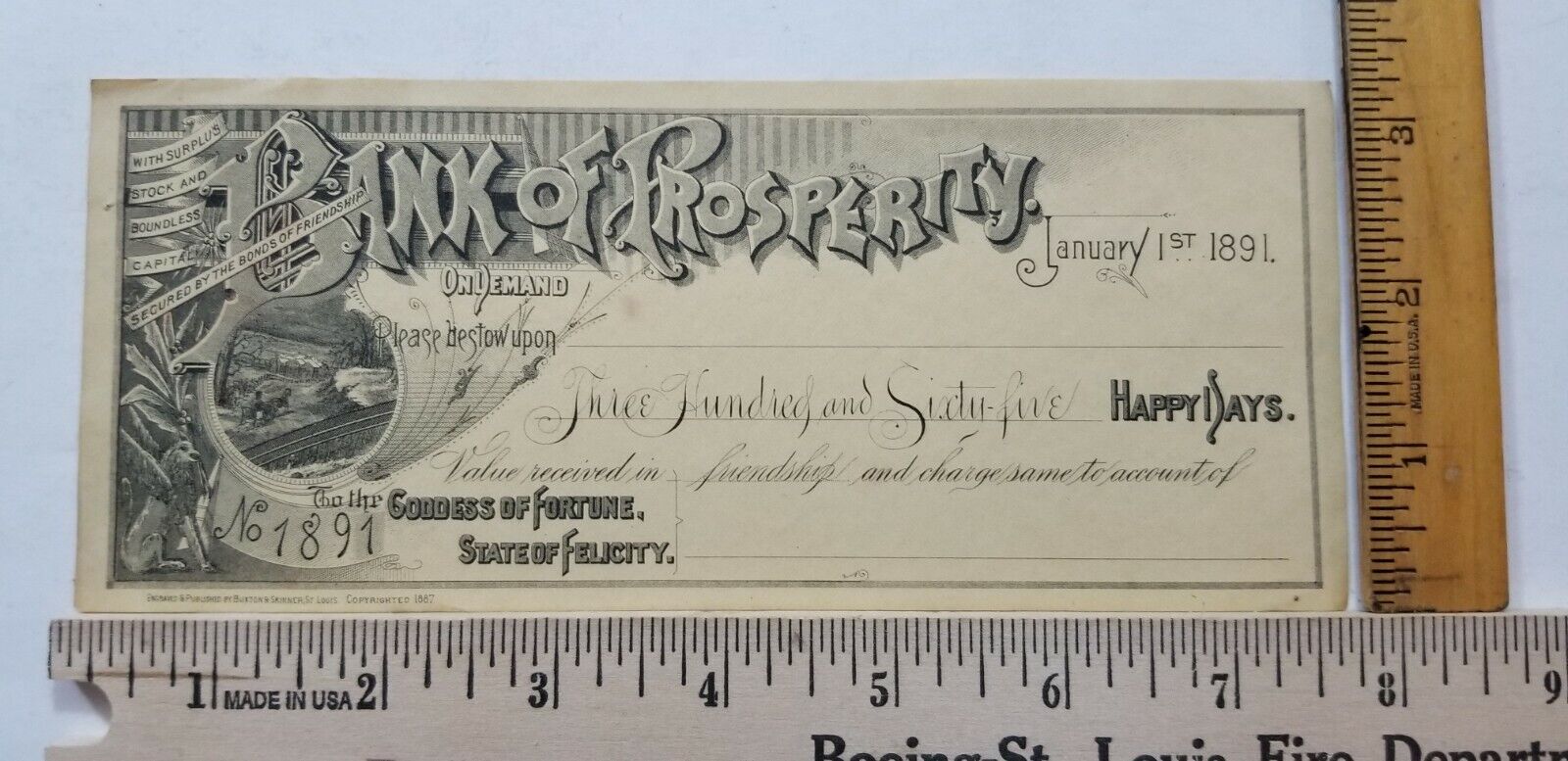 Vtg 1891 NEW YEARS GREETING Bank of Prosperity Novelty Check YELLOW PAPER B3