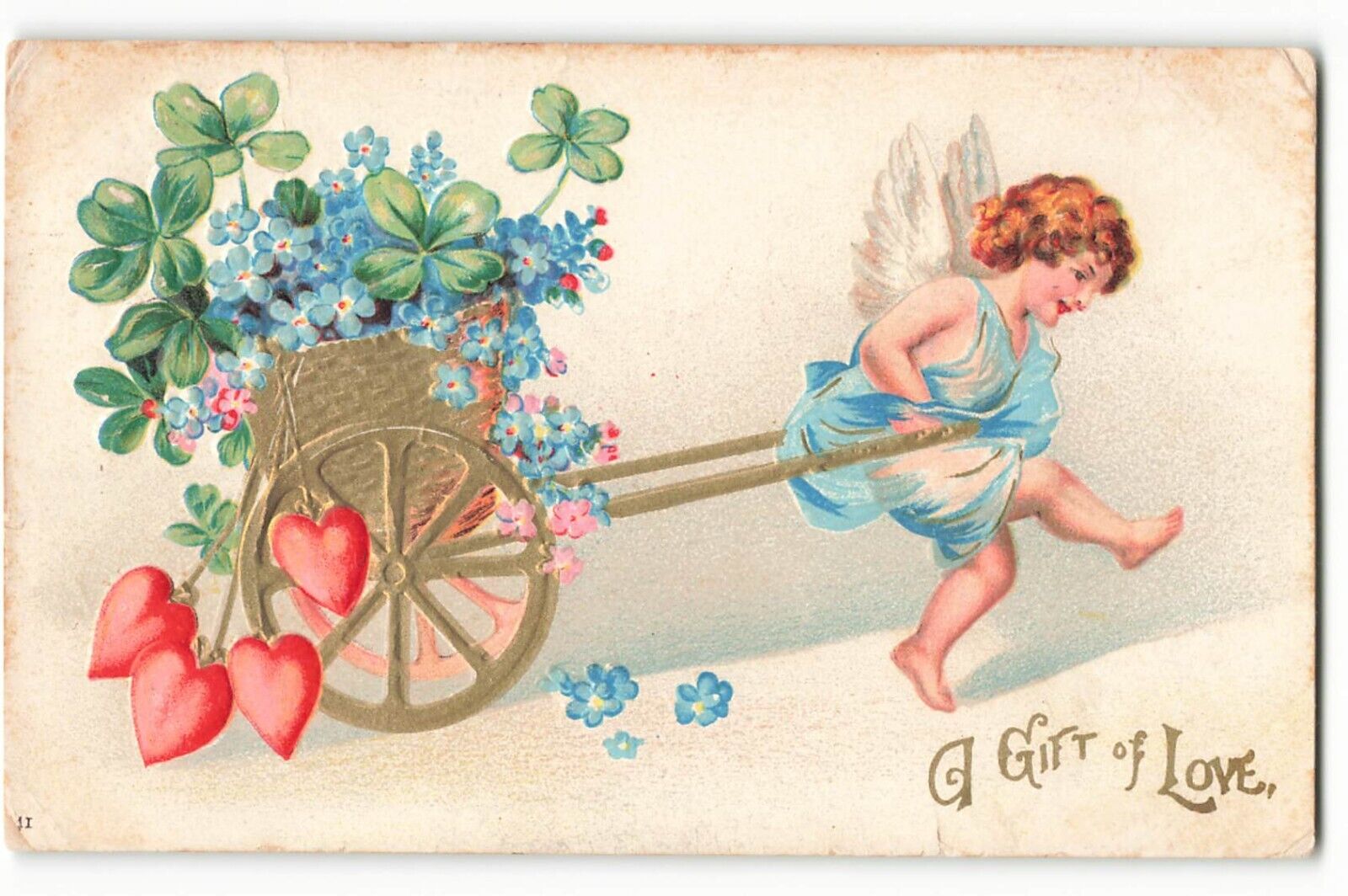 Postcard A Gift of Love Angel pulling cart with Hearts & Flowers VTG ME2.