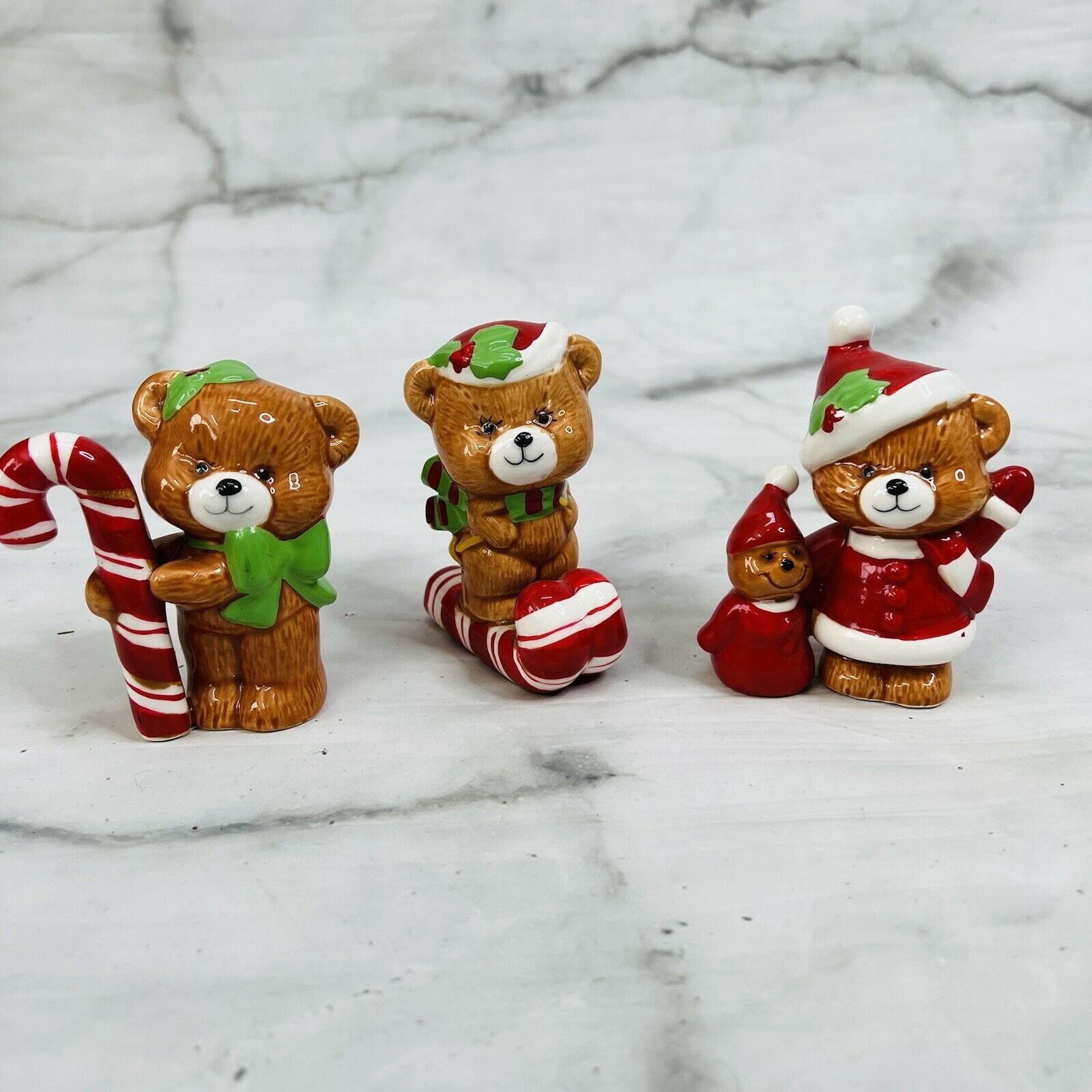 Vintage Set of 3 Ceramic Teddy Bears Korea Red Green Candy Cane Santa