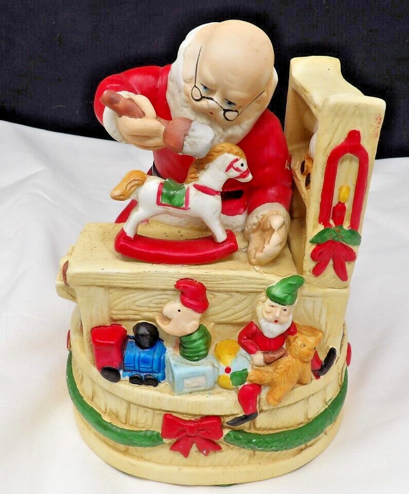 Vintage Working Santa Workshop Ceramic Music Box Christmas Decor 7\