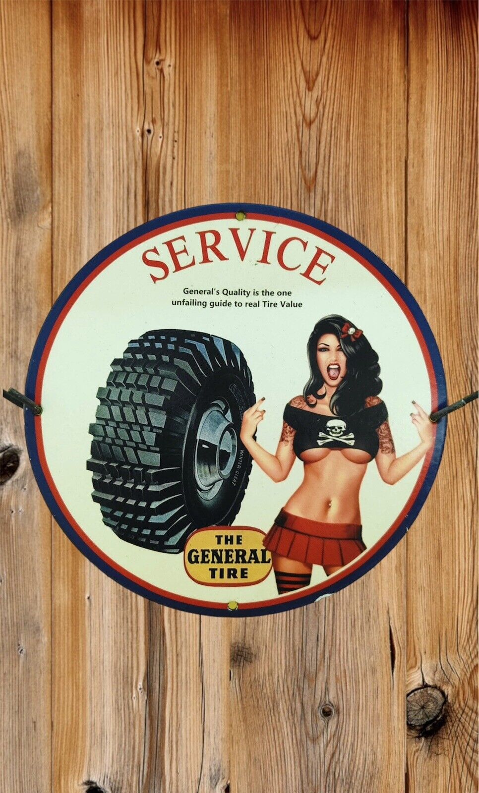 THE GENERAL TIRE SERVICE PINUP GOTH BABE PORCELAIN GAS SERVICE OIL PUMP AD SIGN