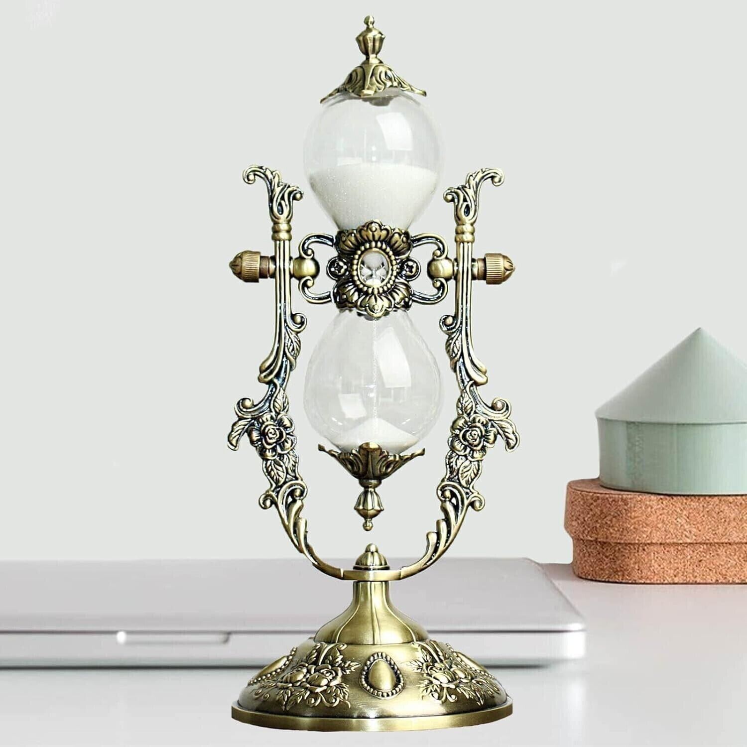 Hourglass Sand Timer 15 Minute,Vintage Engraved Brass Frame White Antique 360°