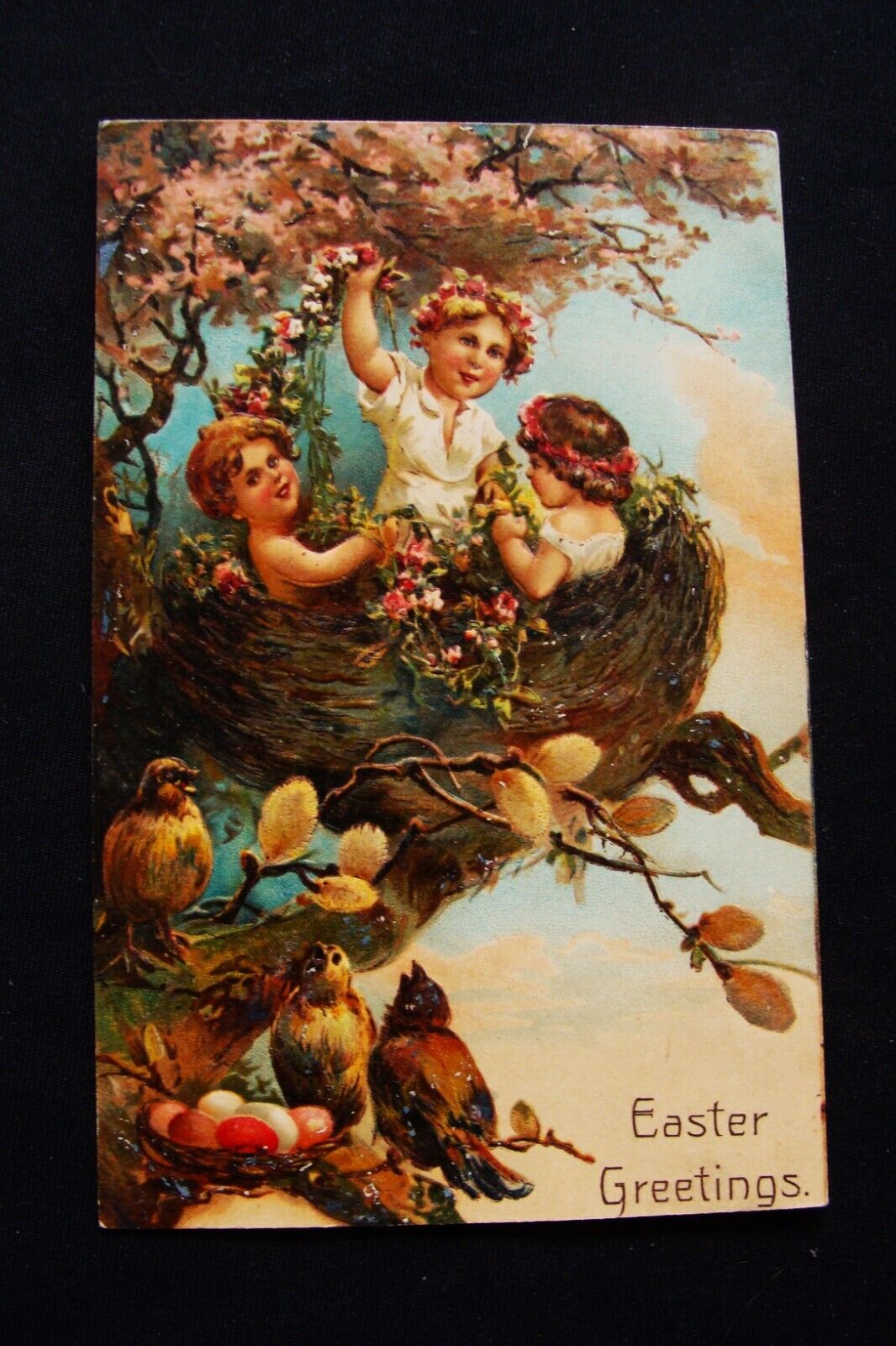 PFB Girls In Big Tree Nest Birds By Small Nest of Color Easter Eggs Postcard