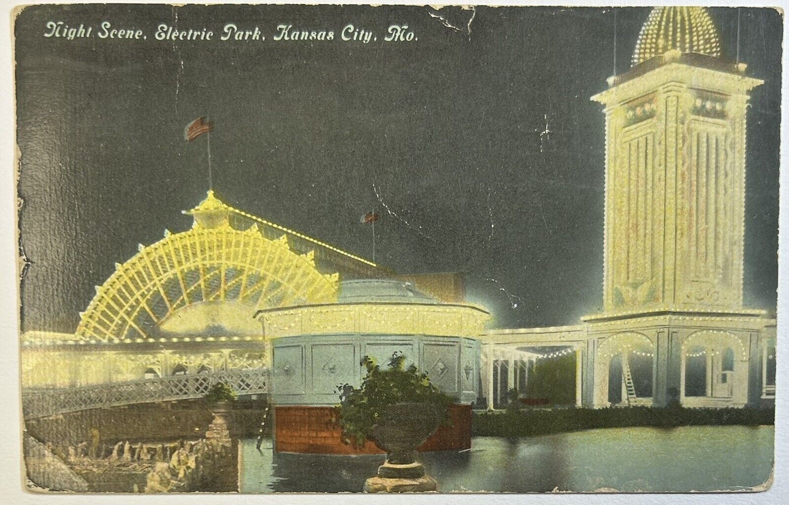 Night Scene Electric Park Kansas City, Missouri Antique Postcard, Posted 1909
