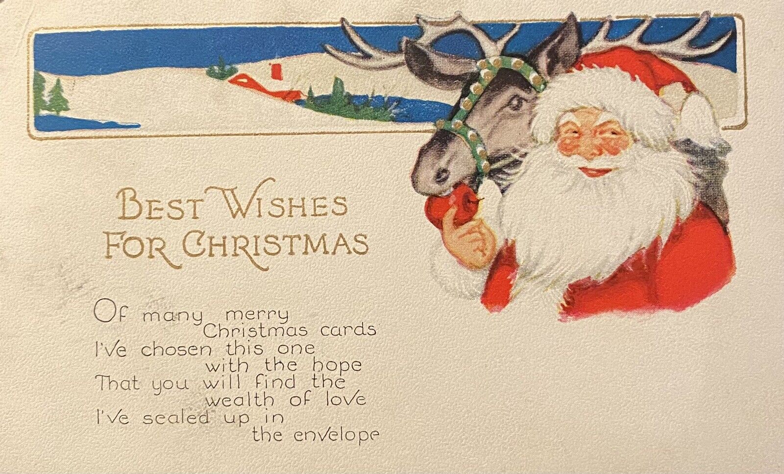 Antique Best Wishes For Christmas - Santa Claus with Reindeer Postcard c1910