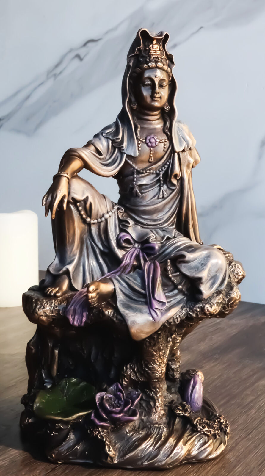 The Water And Moon Goddess Kuan Yin Bodhisattva Statue In Bronzed Resin 7\